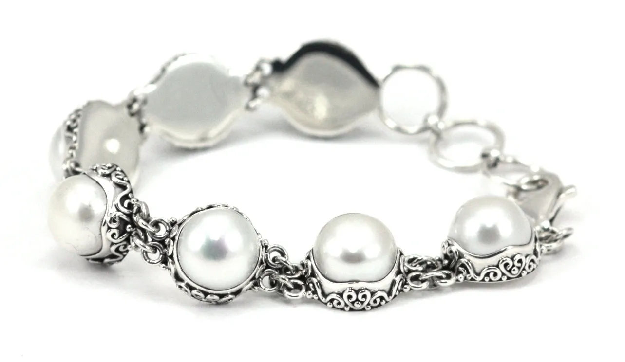 925 Sterling Silver Bali Freshwater Pearl Station Bracelet