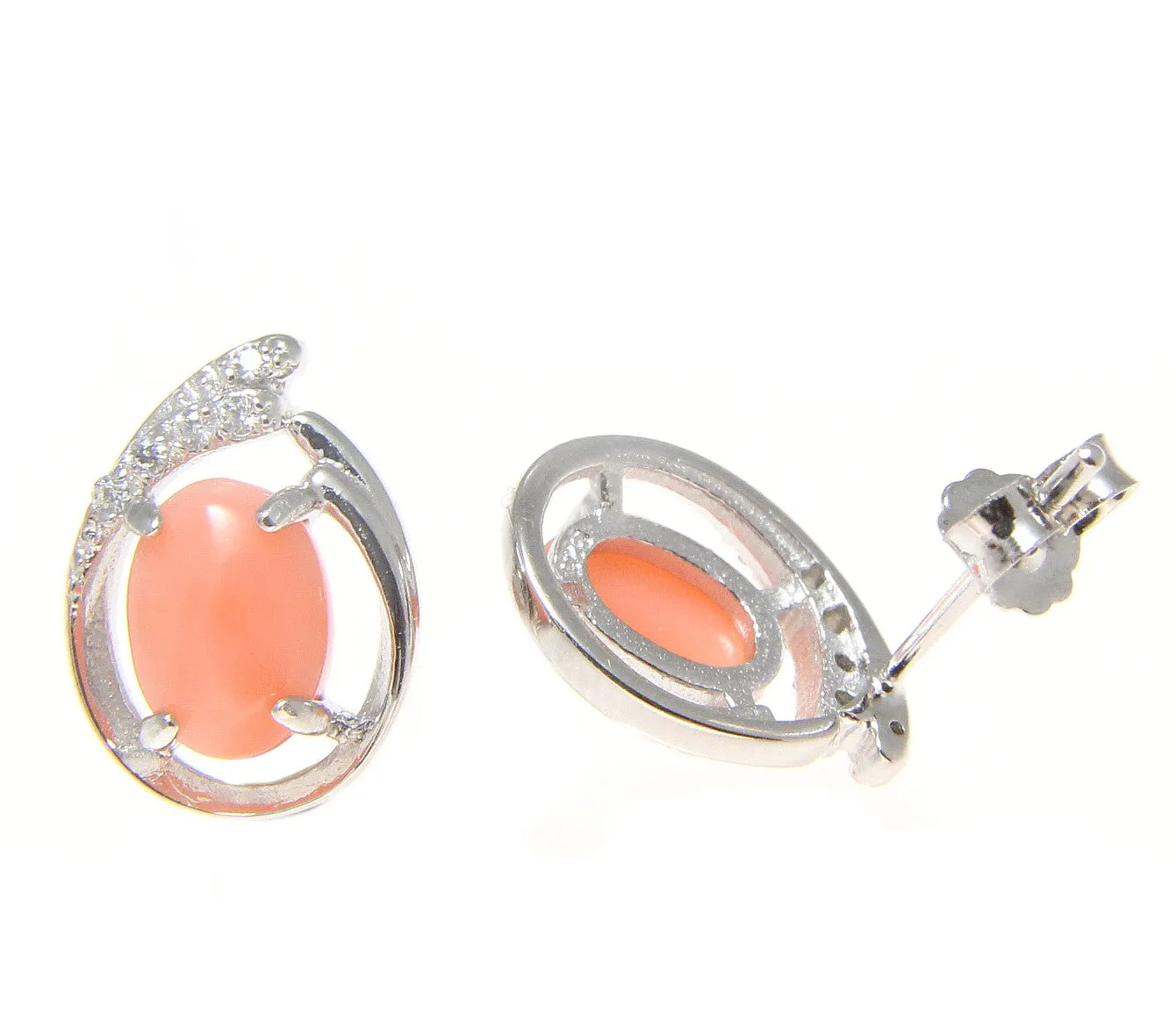 925 Sterling Silver Rhodium CZ Genuine Natural 5x7mm Oval Pink Coral Earrings