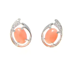 925 Sterling Silver Rhodium CZ Genuine Natural 5x7mm Oval Pink Coral Earrings