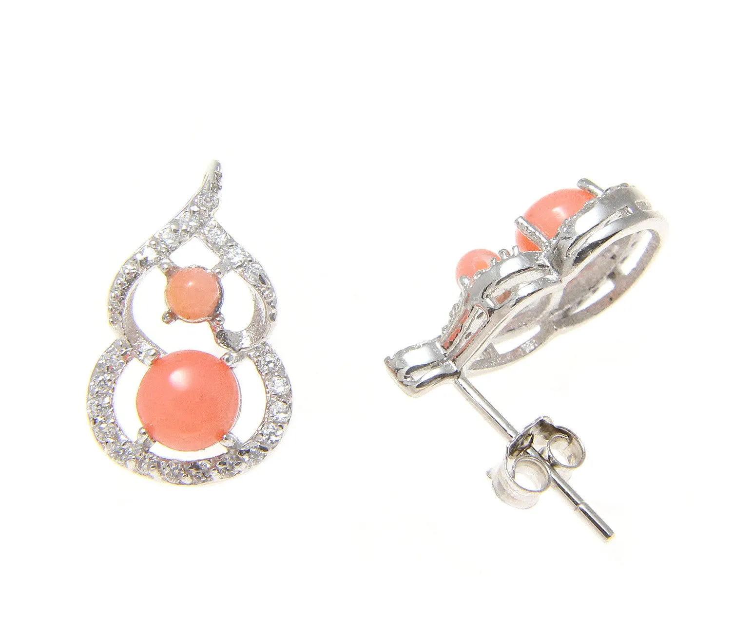 925 Sterling Silver Rhodium CZ Genuine Natural Pink Coral Post Stud Earrings