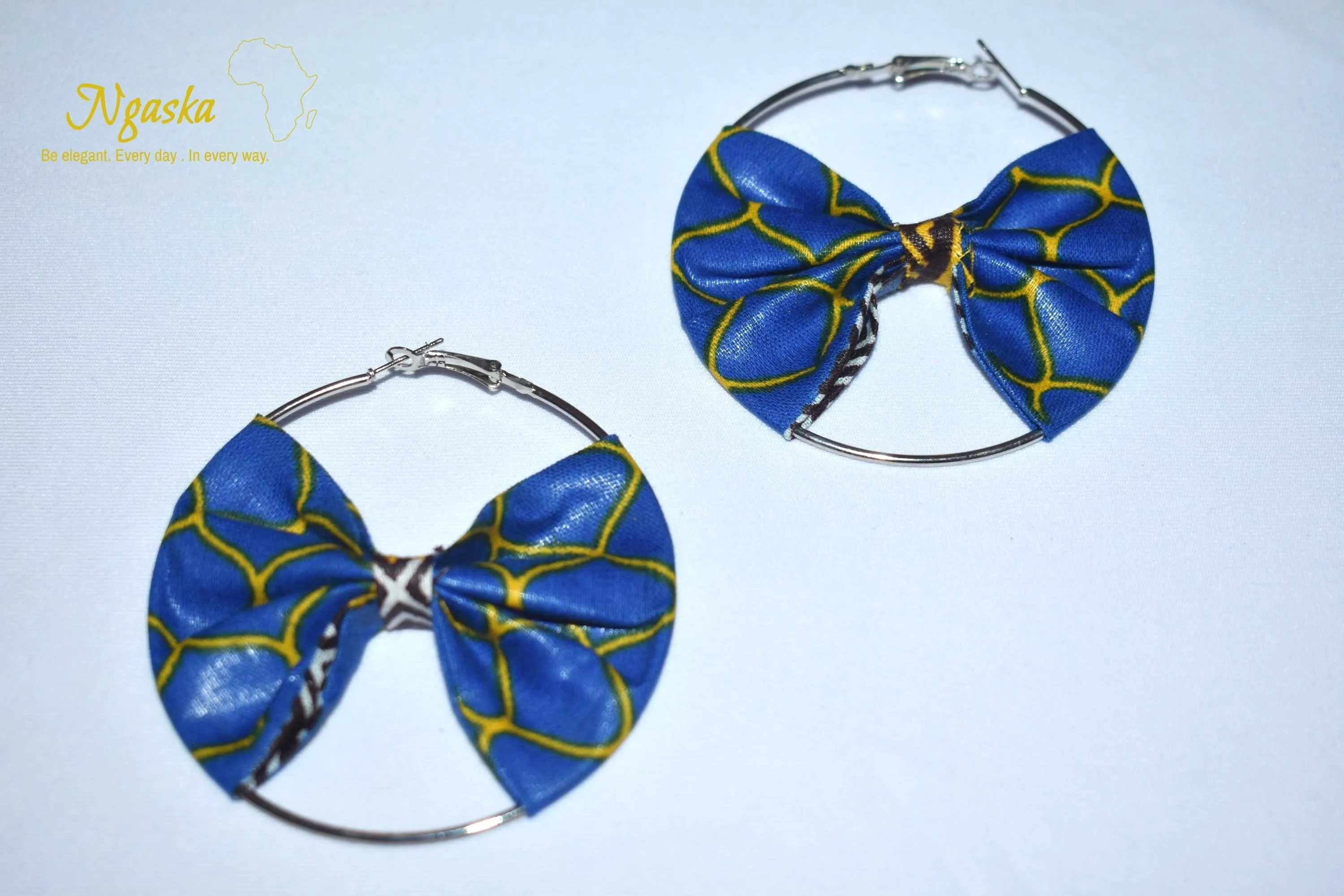 African Print Creole Hoop Earrings, Blue and Yellow - ER15