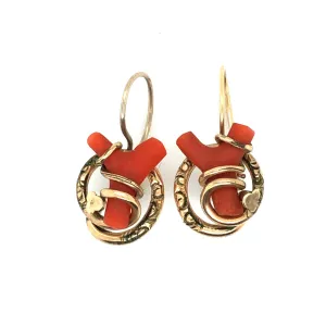 Antique Branch Coral & Gold Drop Victorian Earrings