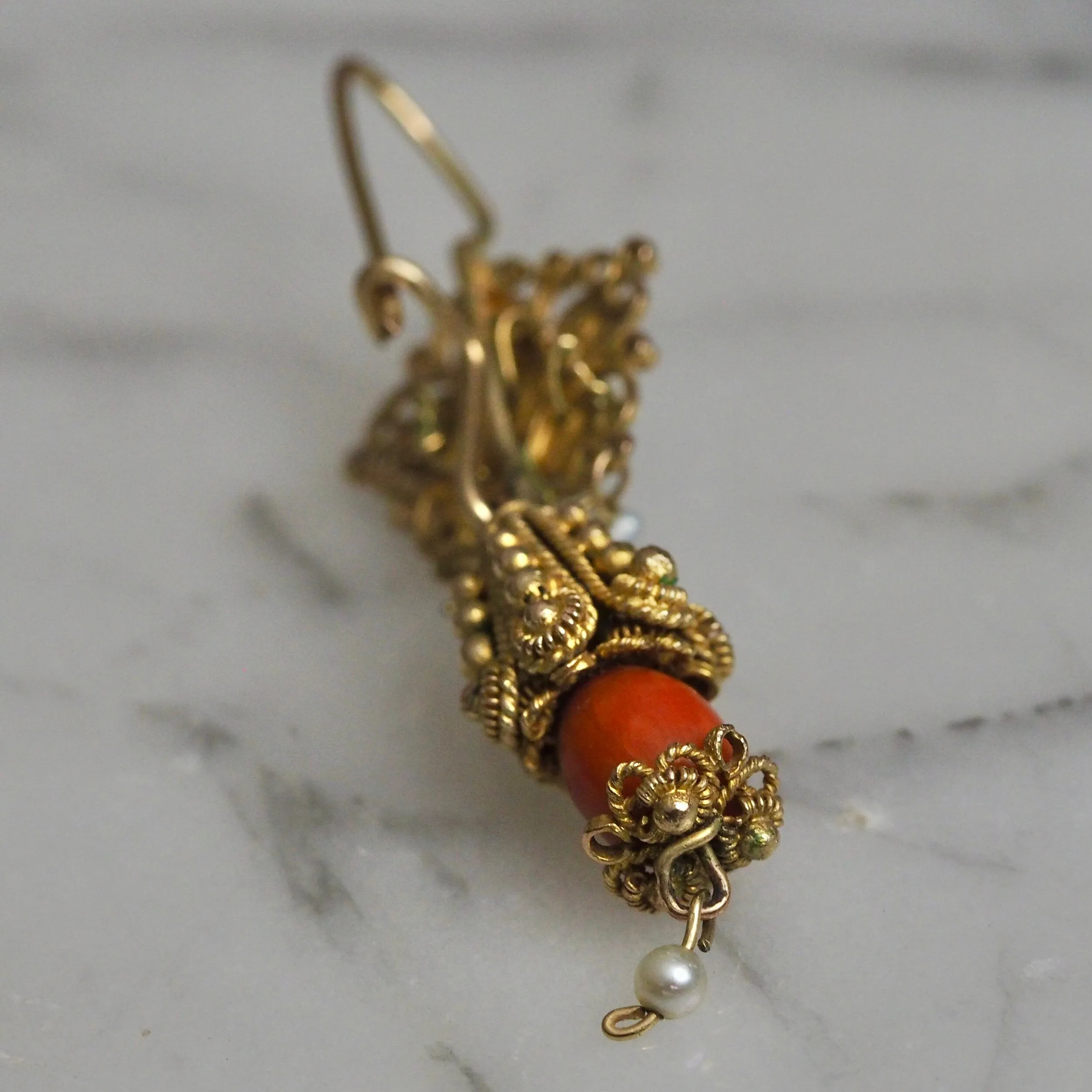 Antique Rare Mexican 10k Gold Cannetille Coral and Pearl Earrings from Oaxaca