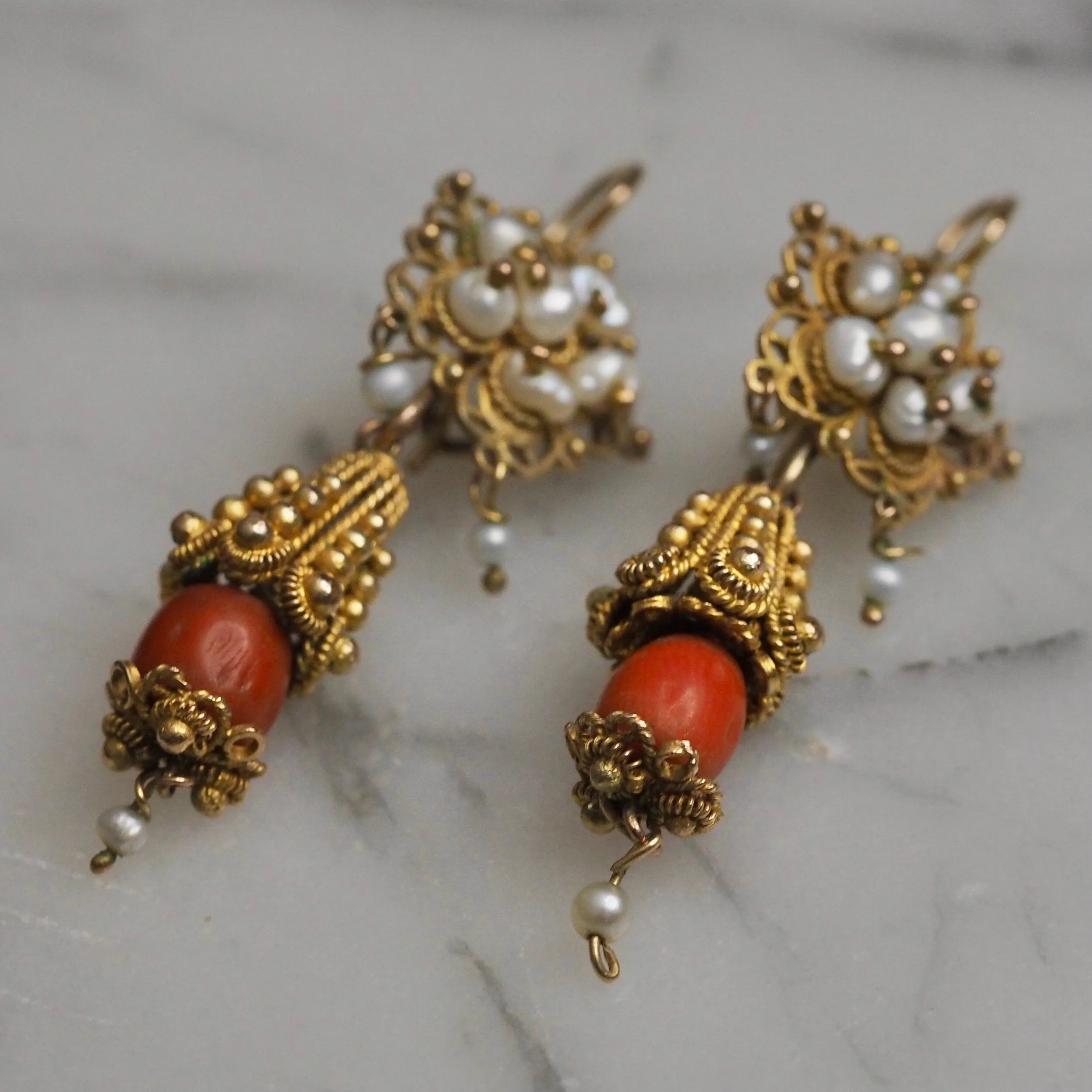 Antique Rare Mexican 10k Gold Cannetille Coral and Pearl Earrings from Oaxaca