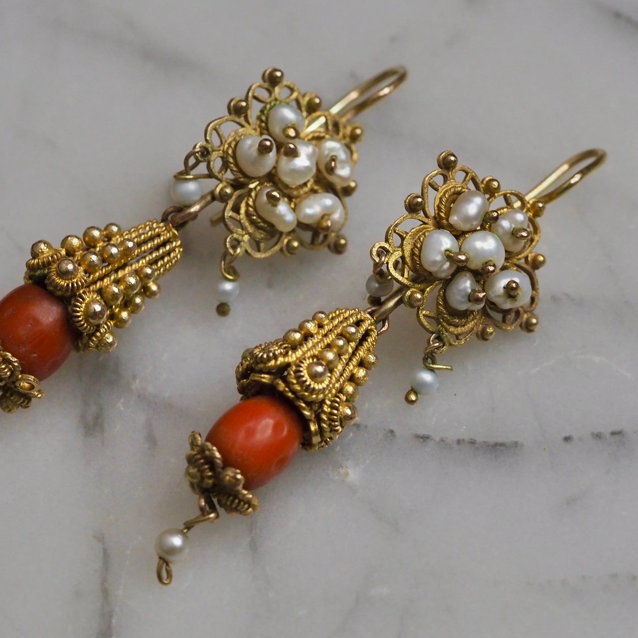 Antique Rare Mexican 10k Gold Cannetille Coral and Pearl Earrings from Oaxaca