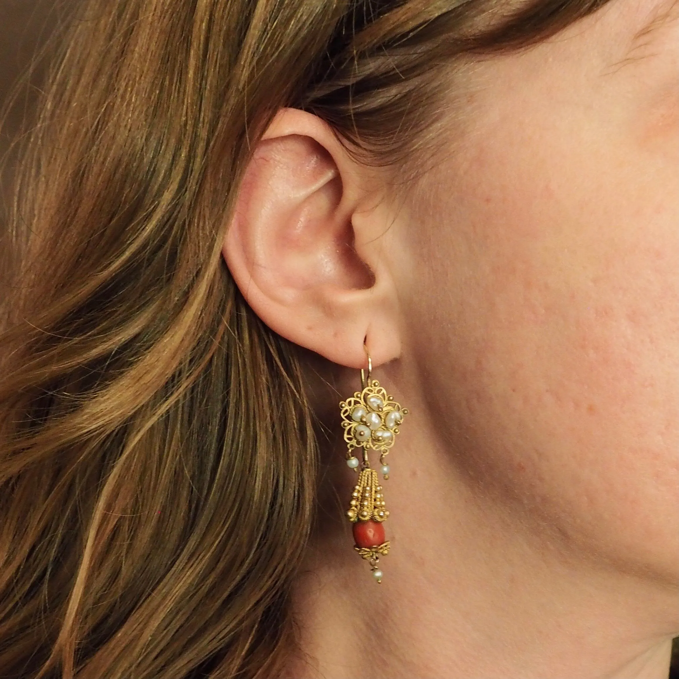 Antique Rare Mexican 10k Gold Cannetille Coral and Pearl Earrings from Oaxaca