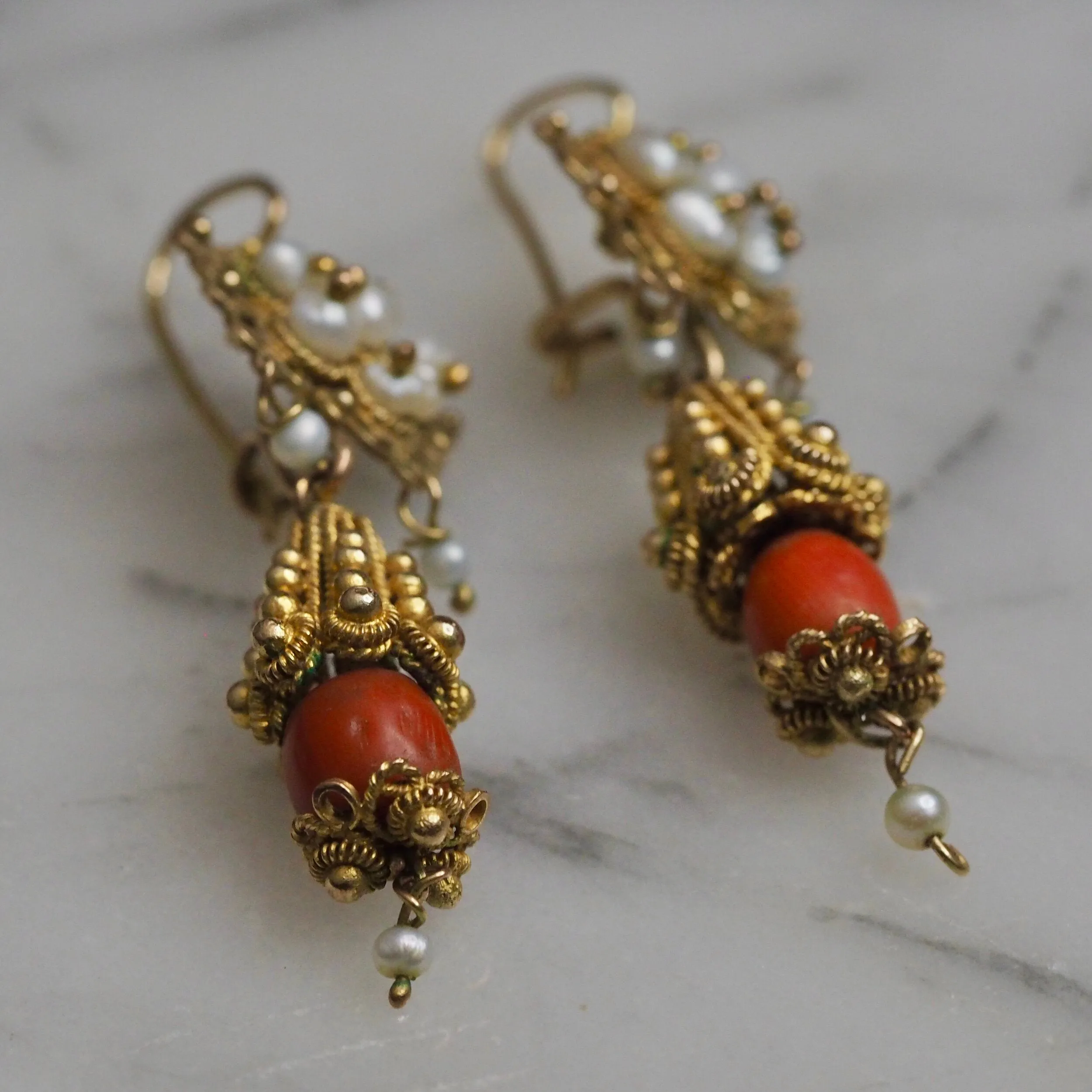 Antique Rare Mexican 10k Gold Cannetille Coral and Pearl Earrings from Oaxaca