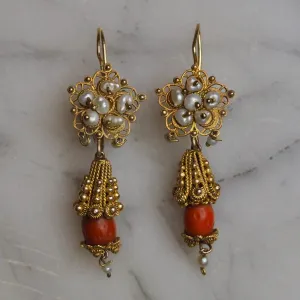 Antique Rare Mexican 10k Gold Cannetille Coral and Pearl Earrings from Oaxaca