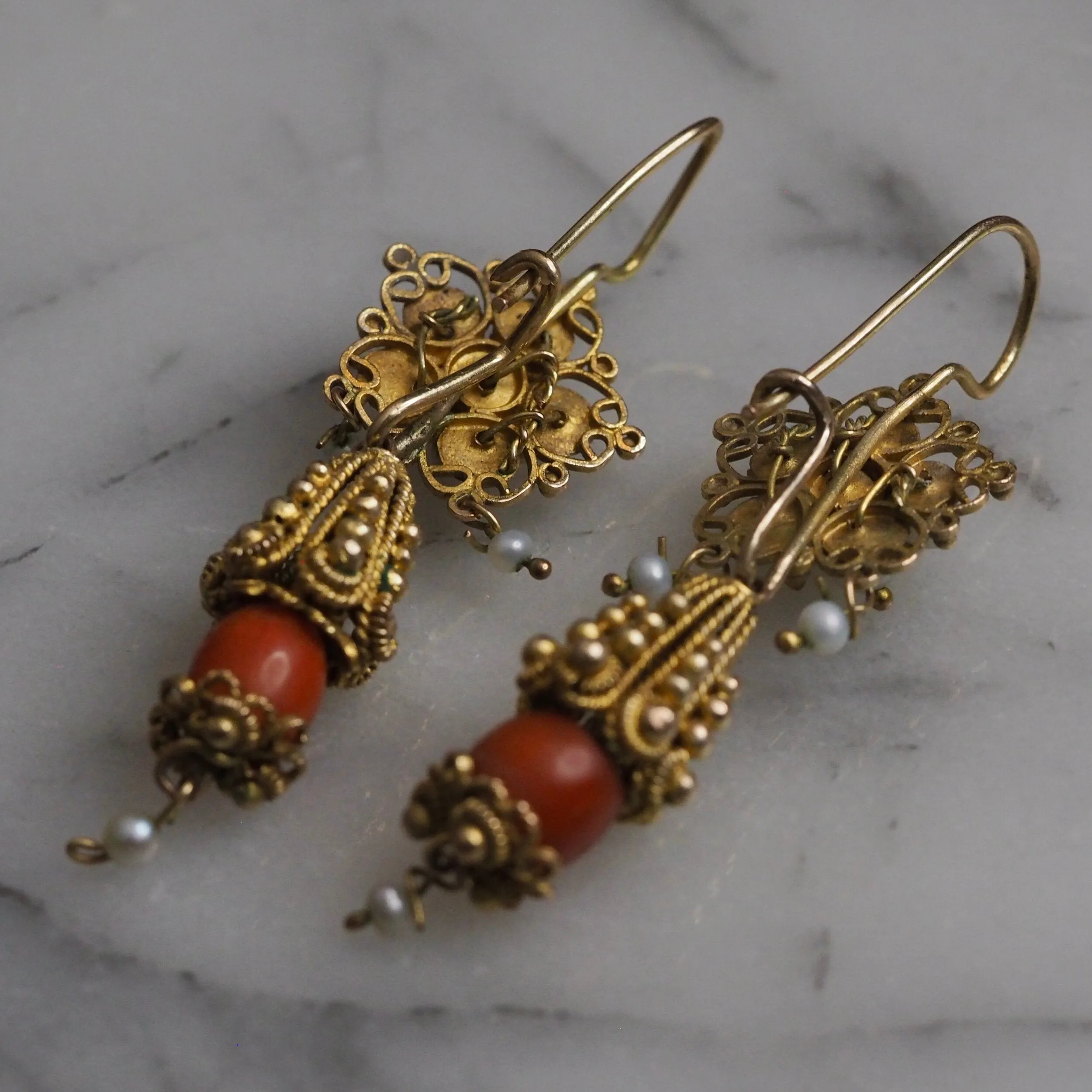 Antique Rare Mexican 10k Gold Cannetille Coral and Pearl Earrings from Oaxaca