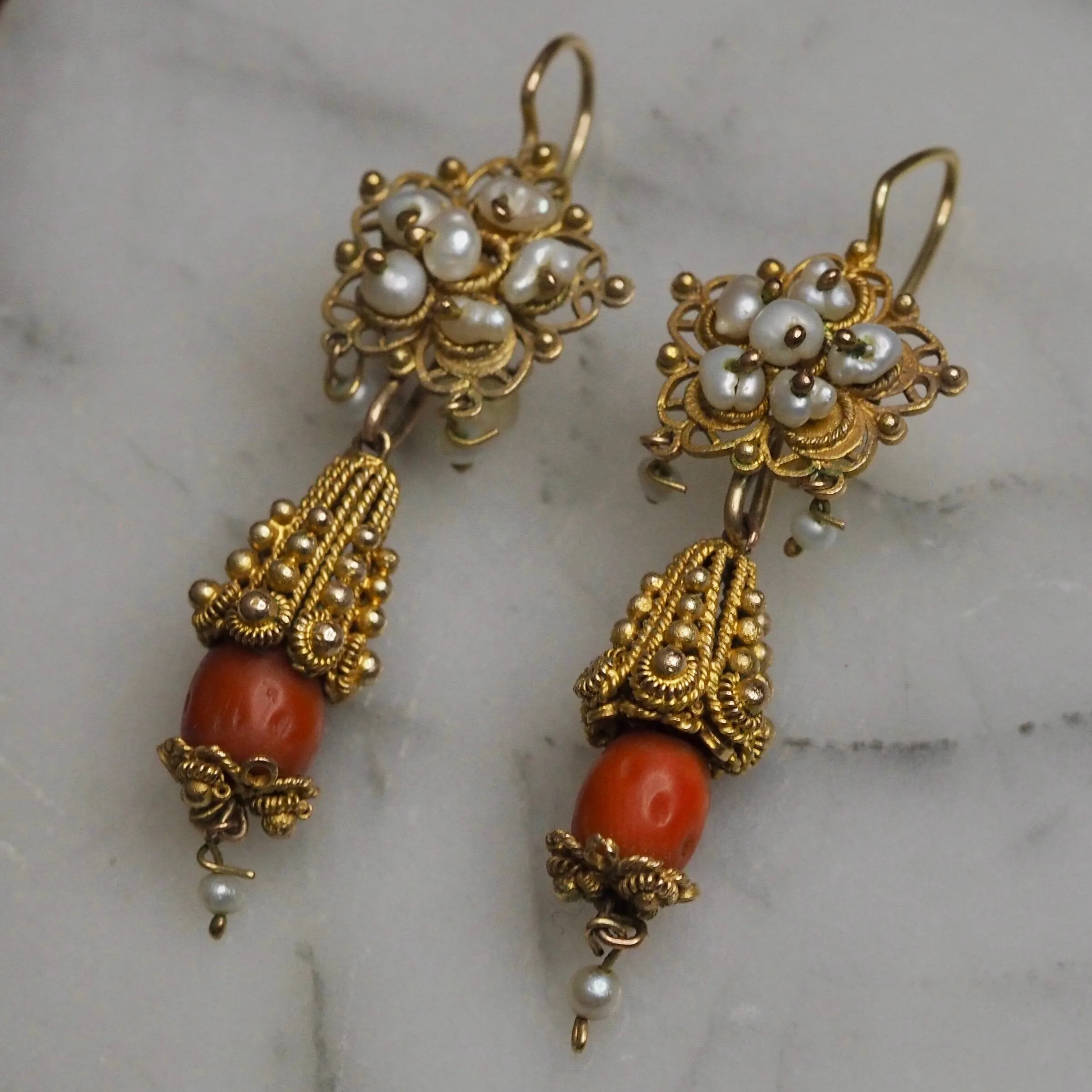 Antique Rare Mexican 10k Gold Cannetille Coral and Pearl Earrings from Oaxaca