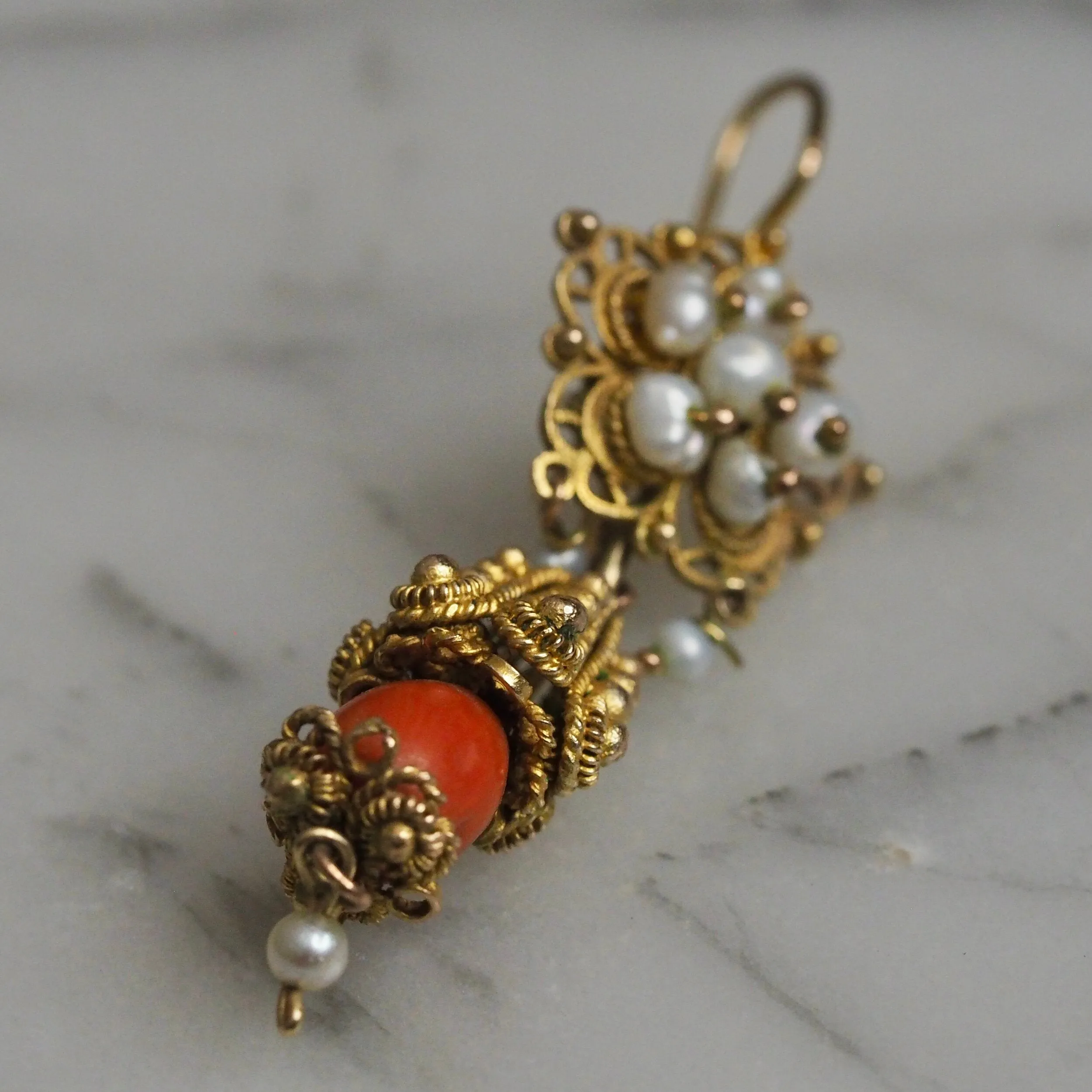 Antique Rare Mexican 10k Gold Cannetille Coral and Pearl Earrings from Oaxaca
