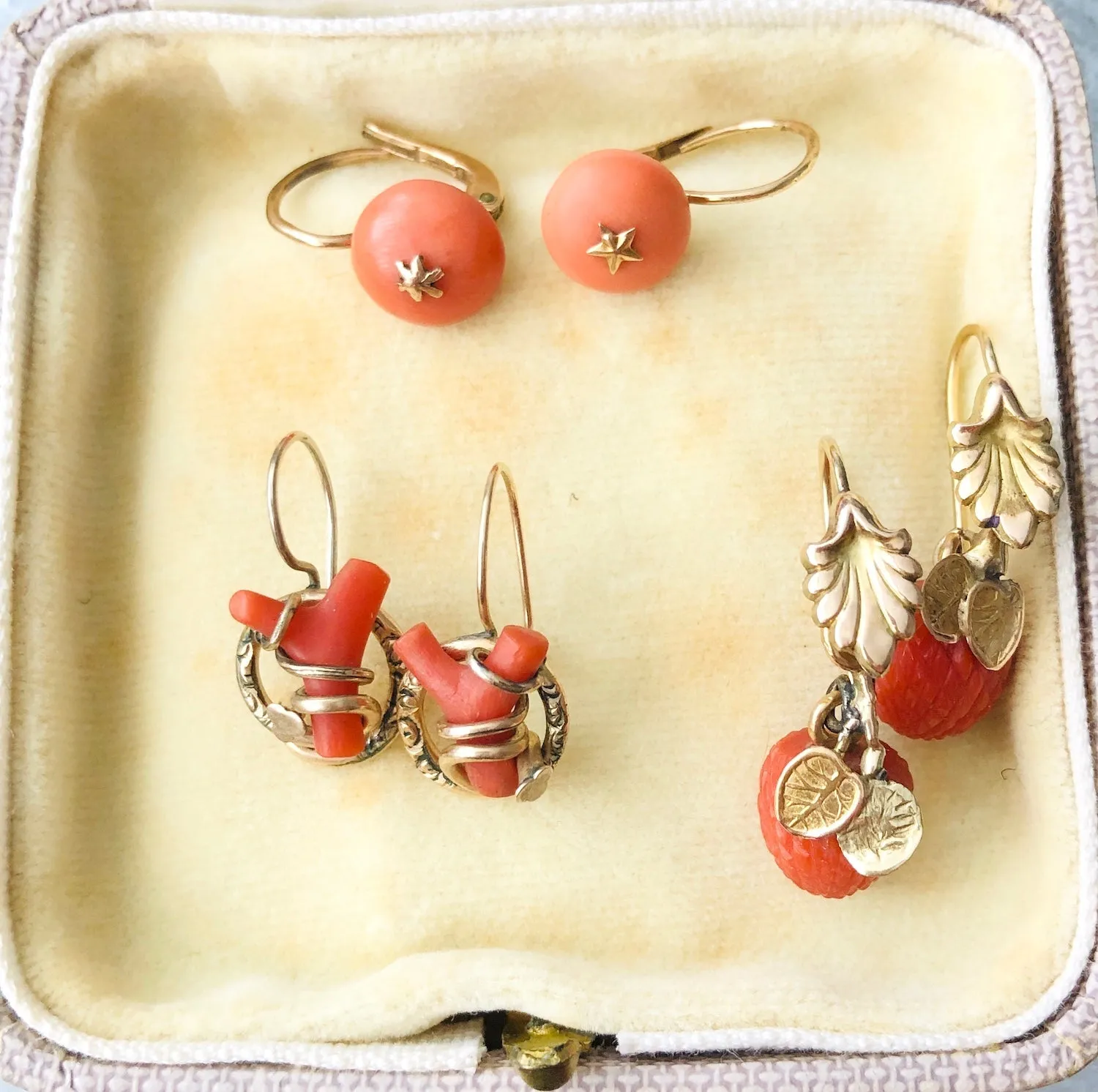 Antique Victorian Composite Coral & Gold Earrings