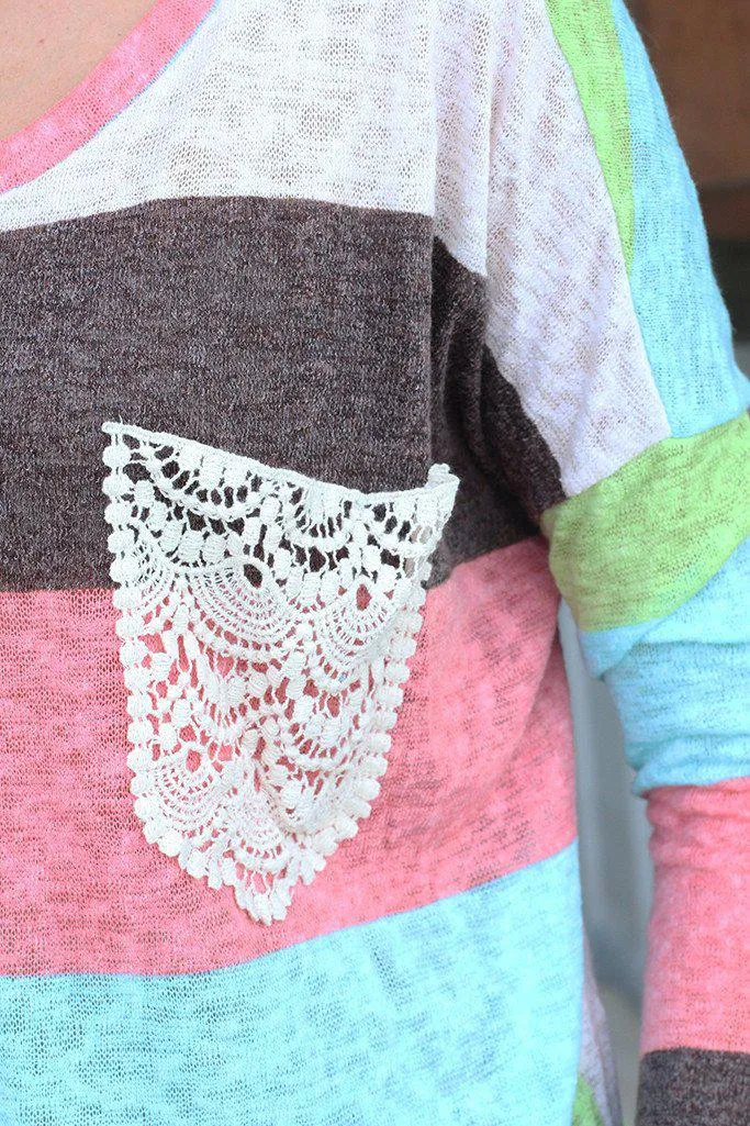 Aqua And Coral Top With Crochet Pocket
