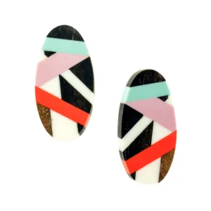 Aqua/Lilac/Coral Wood Stud Earrings