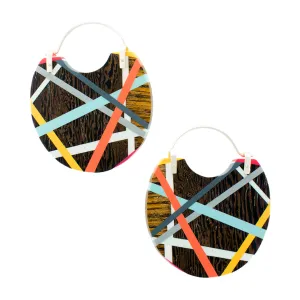 Aqua/Orange Wood Hoop Earrings