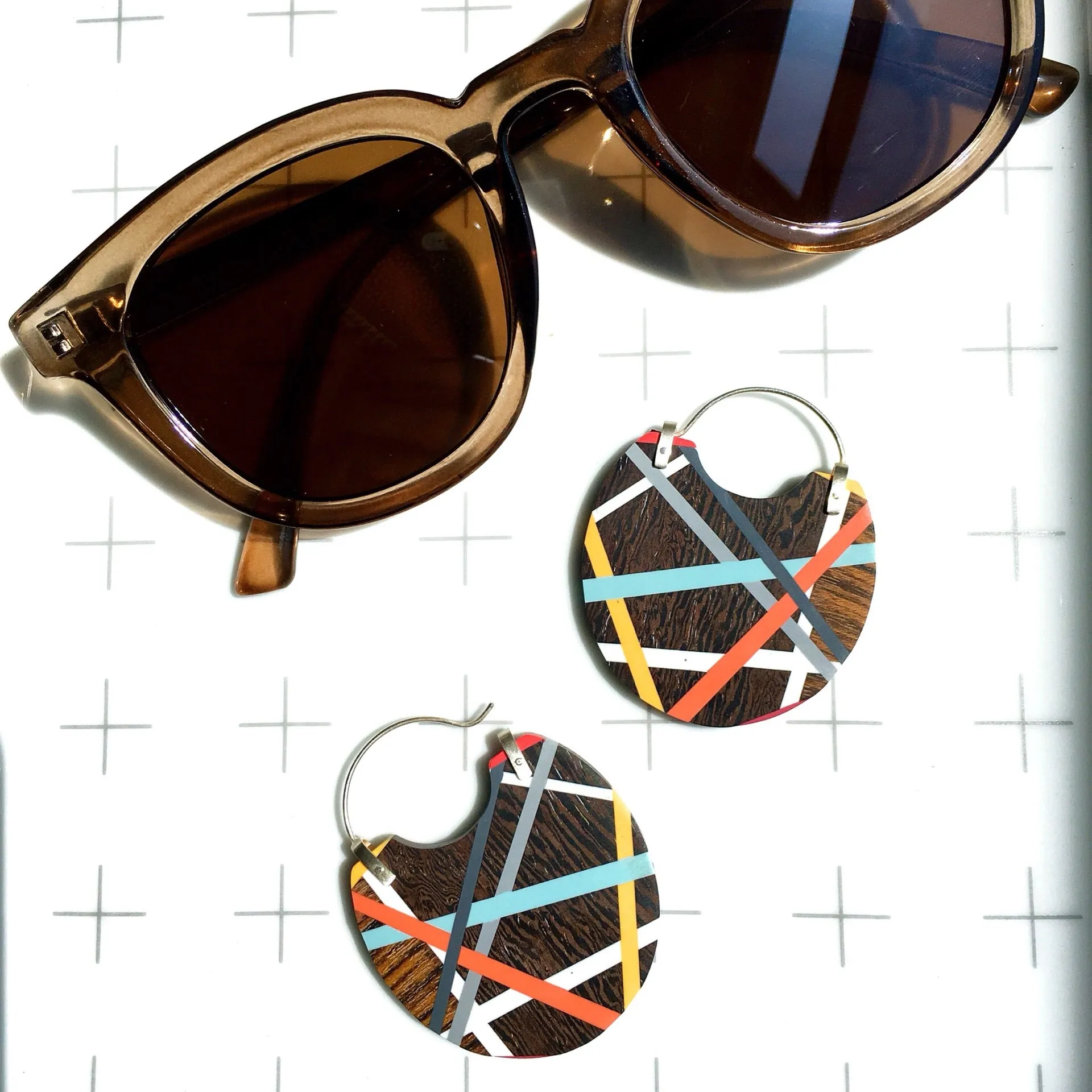 Aqua/Orange Wood Hoop Earrings