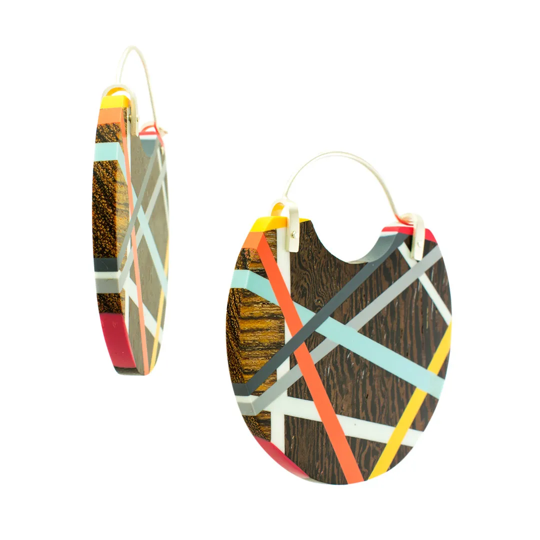 Aqua/Orange Wood Hoop Earrings