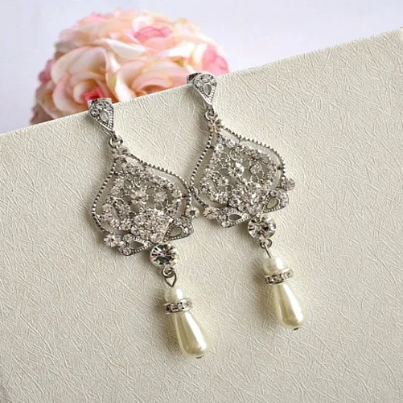 Art Deco Bridal Earrings, Rhinestone Crystal Pearl Chandelier Earrings, Pearl Drop Vintage Wedding Earrings, Bridesmaid Earrings
