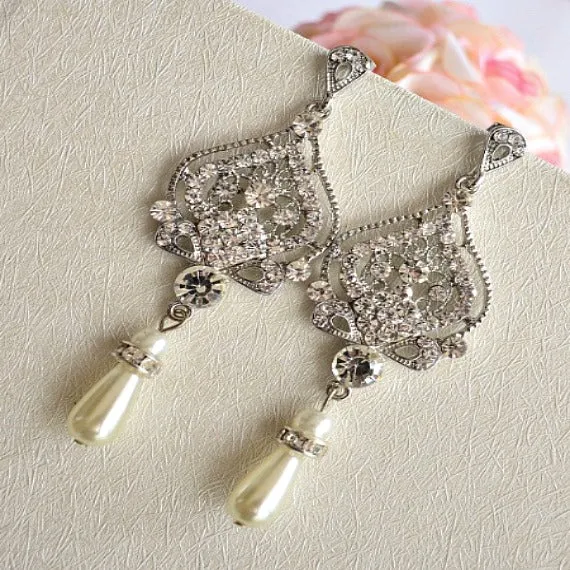 Art Deco Bridal Earrings, Rhinestone Crystal Pearl Chandelier Earrings, Pearl Drop Vintage Wedding Earrings, Bridesmaid Earrings