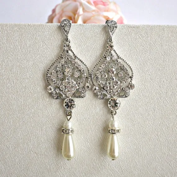 Art Deco Bridal Earrings, Rhinestone Crystal Pearl Chandelier Earrings, Pearl Drop Vintage Wedding Earrings, Bridesmaid Earrings