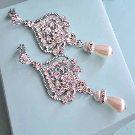 Art Deco Bridal Earrings, Rhinestone Crystal Pearl Chandelier Earrings, Pearl Drop Vintage Wedding Earrings, Bridesmaid Earrings