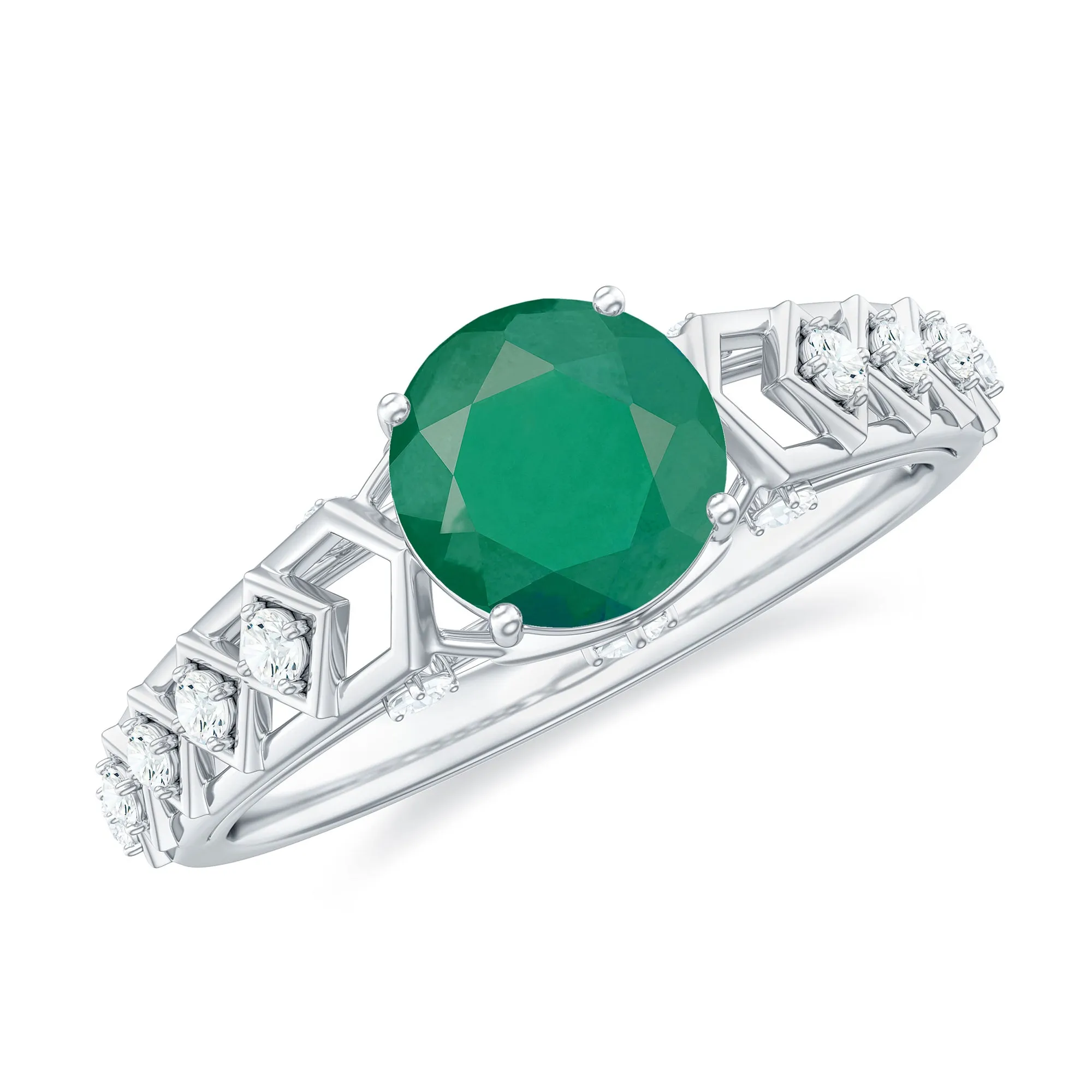 Art Deco Emerald Solitaire Engagement Ring with Diamond