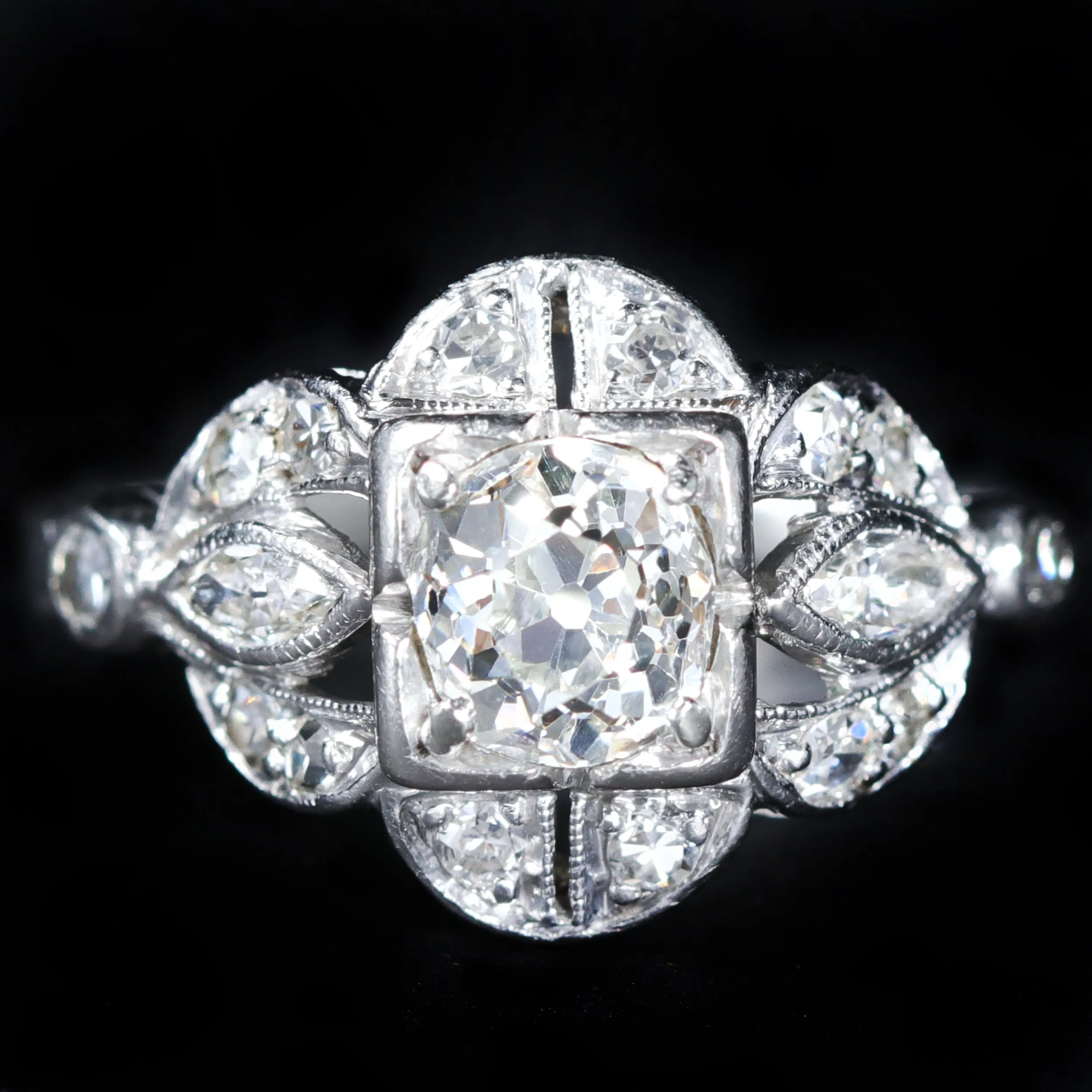 Art Deco Platinum 0.70 Carat Old Mine Cut Diamond Engagement Ring
