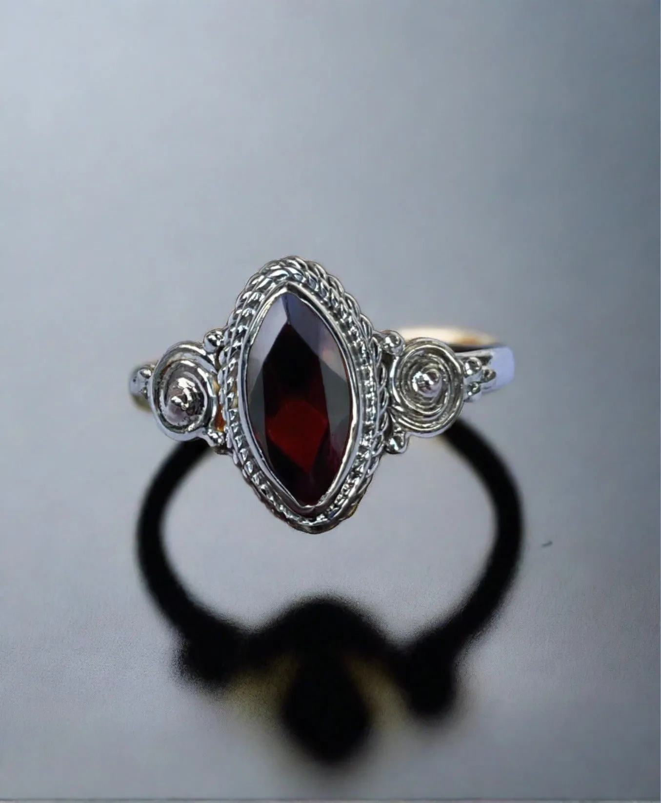 Bali Style Marquise Cut Garnet Ring In Sterling Silver-Size 8