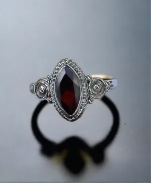 Bali Style Marquise Cut Garnet Ring In Sterling Silver-Size 8