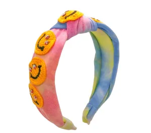 Bari Lynn Tie Dye Smiley Face Patch Knot Headband with Crystals - Rainbow