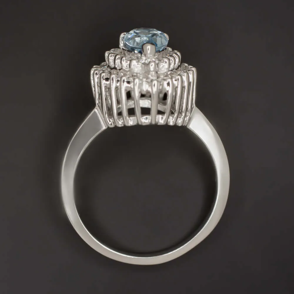 BLUE TOPAZ F-G VS DIAMOND VINTAGE COCKTAIL RING PEAR SHAPE TEARDROP DOUBLE HALO