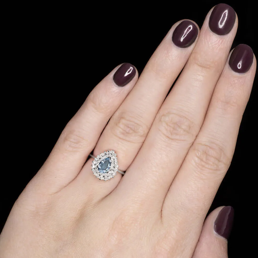 BLUE TOPAZ F-G VS DIAMOND VINTAGE COCKTAIL RING PEAR SHAPE TEARDROP DOUBLE HALO