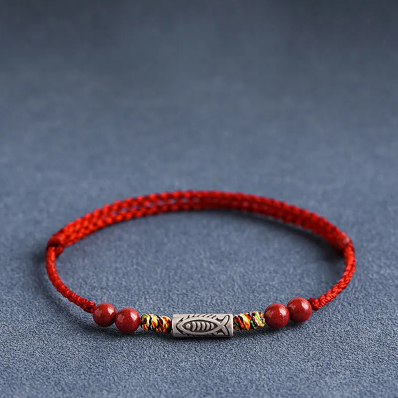 Buddha Stones 925 Sterling Silver Koi Fish Cinnabar Bead Wealth Handcrafted Braided Bracelet Anklet