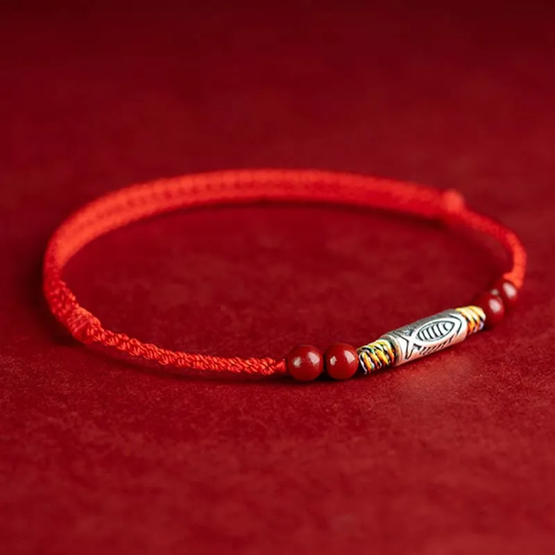 Buddha Stones 925 Sterling Silver Koi Fish Cinnabar Bead Wealth Handcrafted Braided Bracelet Anklet