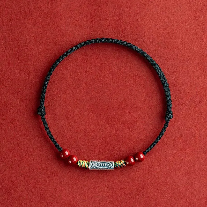 Buddha Stones 925 Sterling Silver Koi Fish Cinnabar Bead Wealth Handcrafted Braided Bracelet Anklet