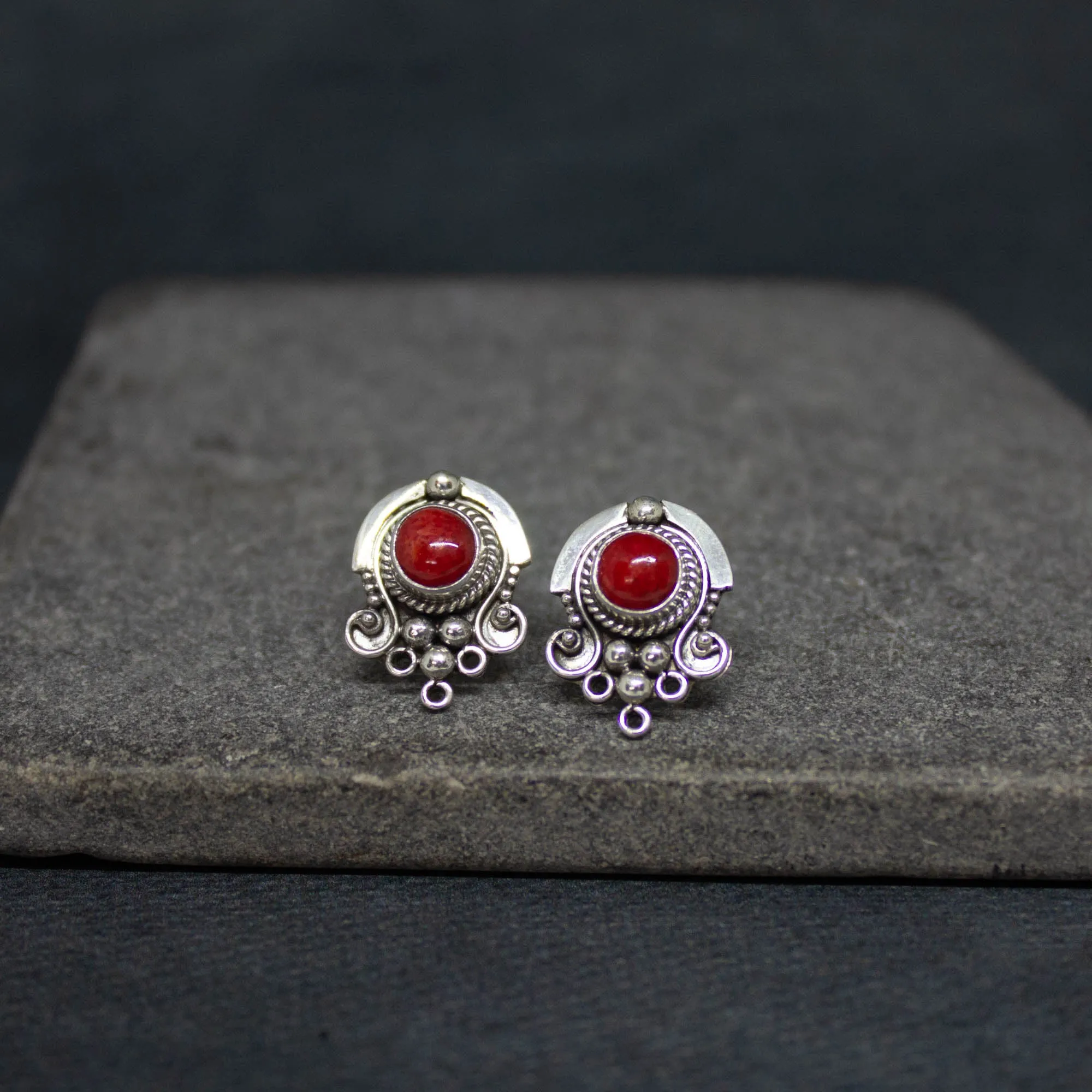 Coral and Sterling Silver Detail Stud Earrings