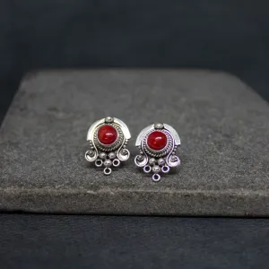 Coral and Sterling Silver Detail Stud Earrings