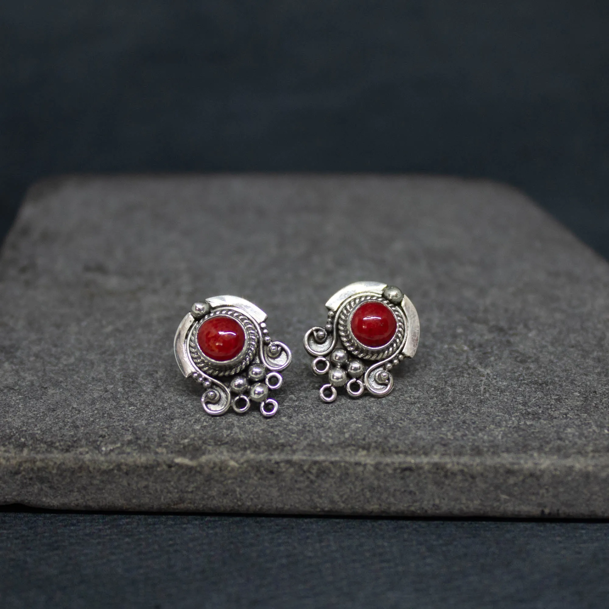 Coral and Sterling Silver Detail Stud Earrings