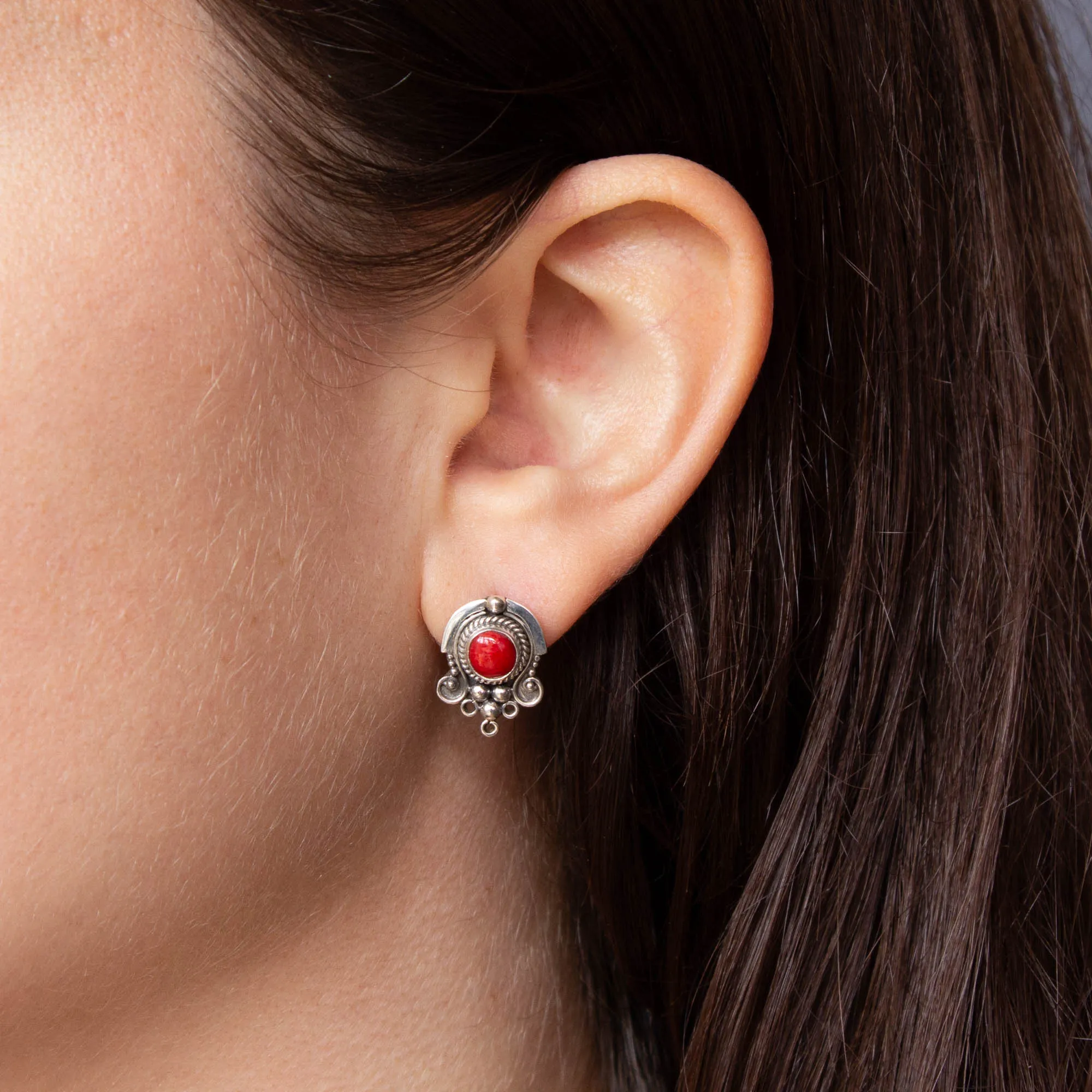 Coral and Sterling Silver Detail Stud Earrings