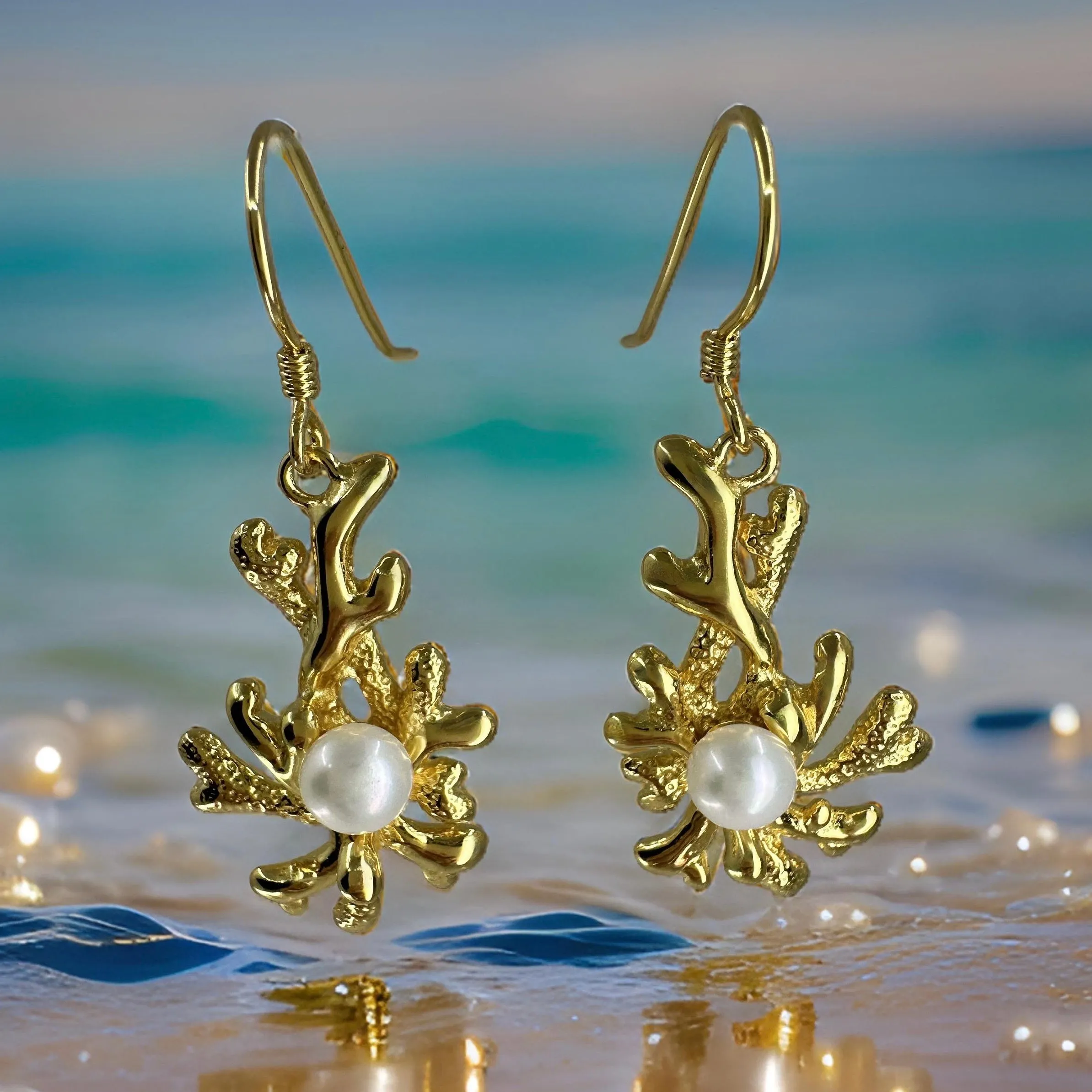 Coral Design Cultured Freshwater Pearl Earrings