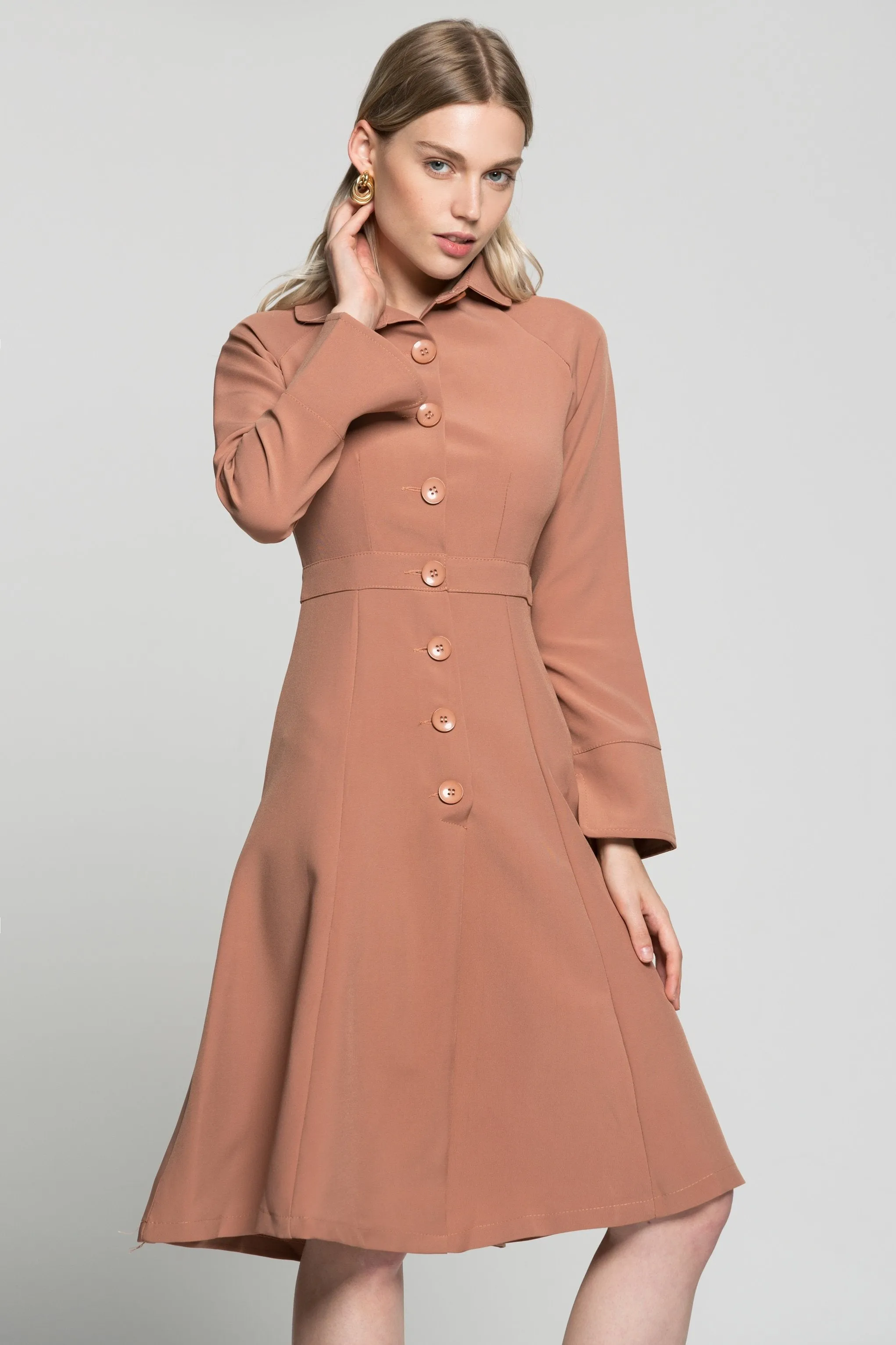 Coral Peach Pleated Midi Dress