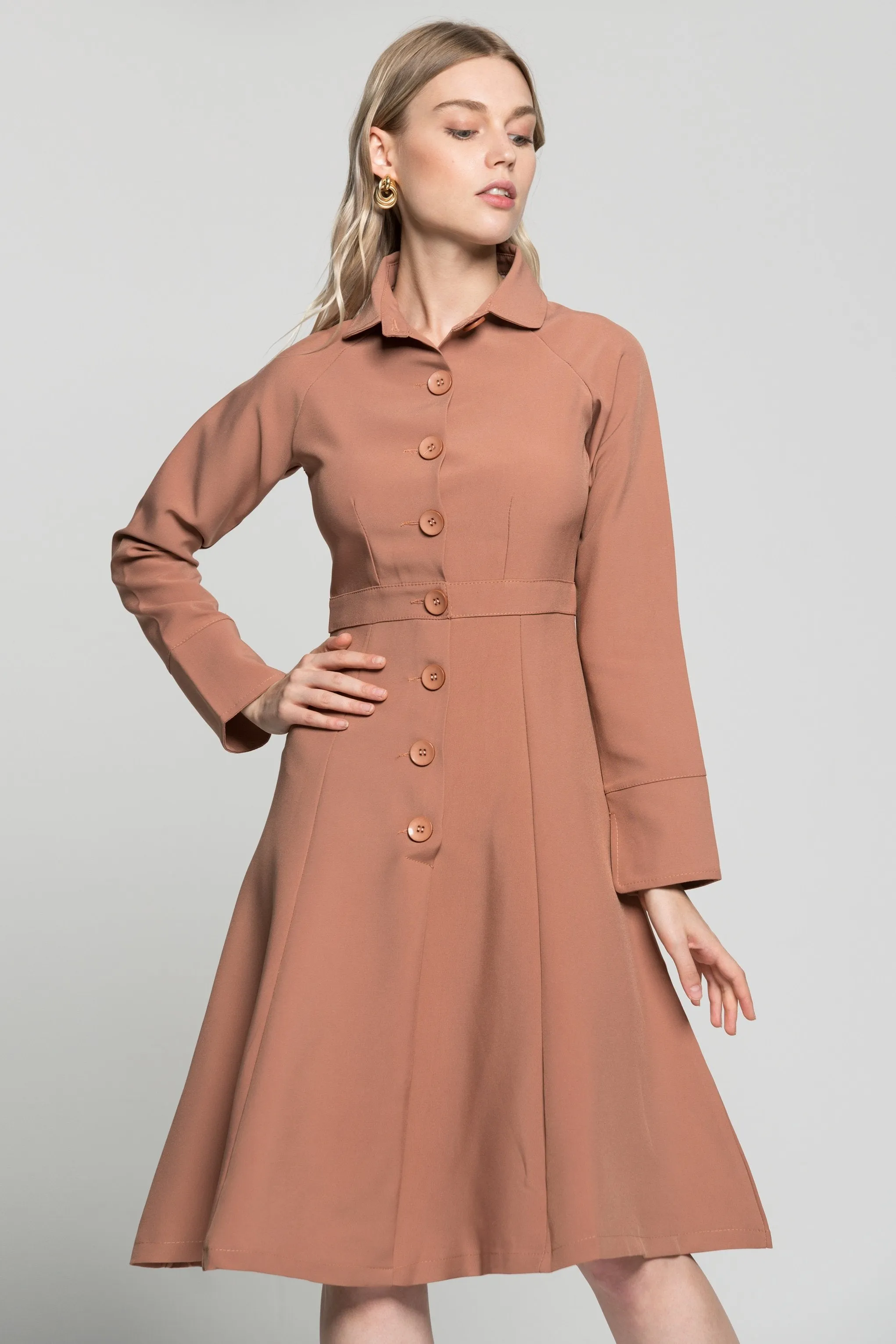 Coral Peach Pleated Midi Dress