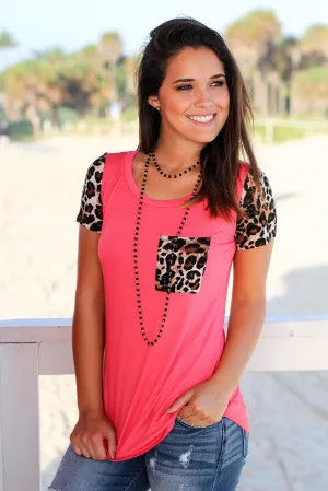 Coral Top with Leopard Sleeves and Pocket