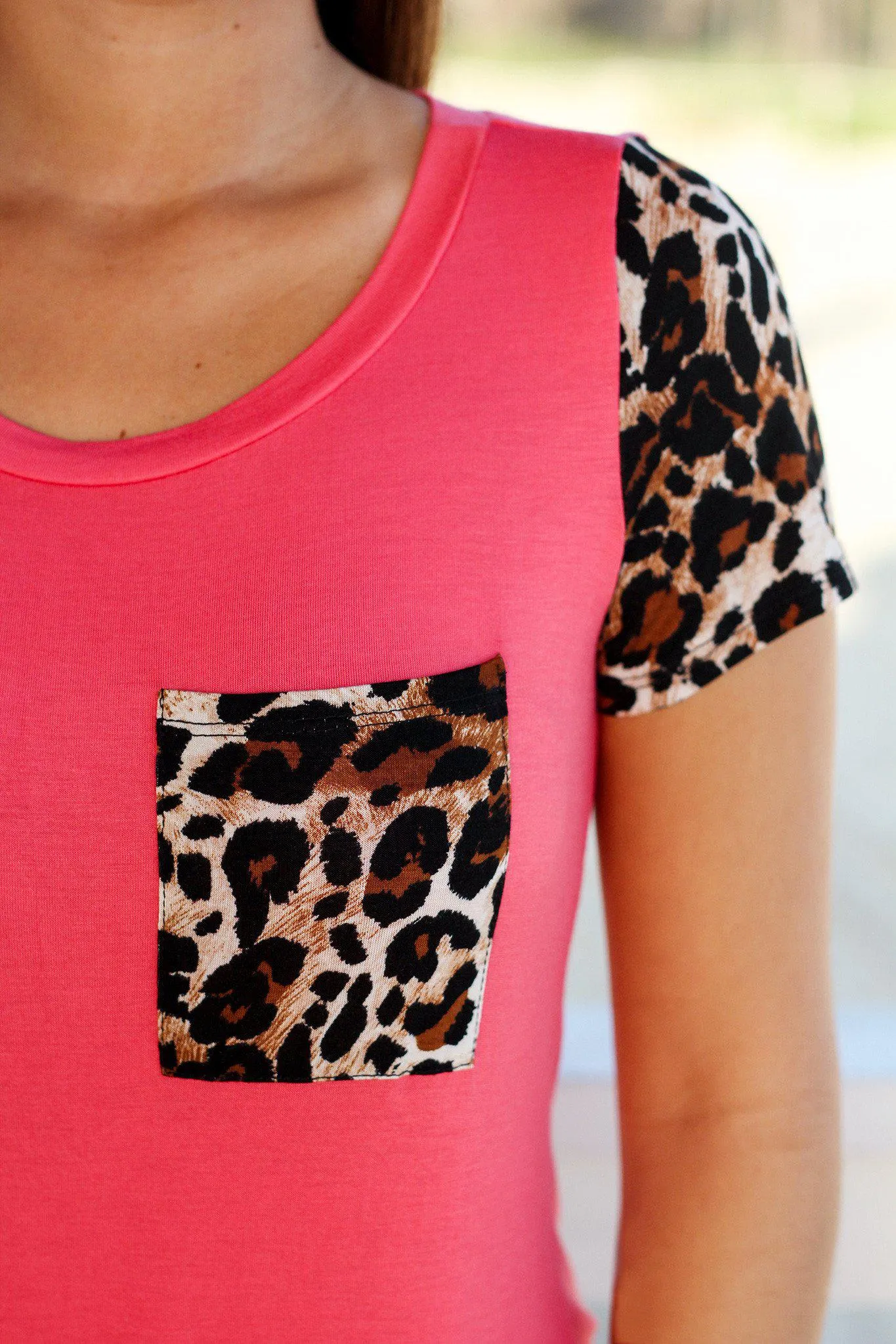 Coral Top with Leopard Sleeves and Pocket