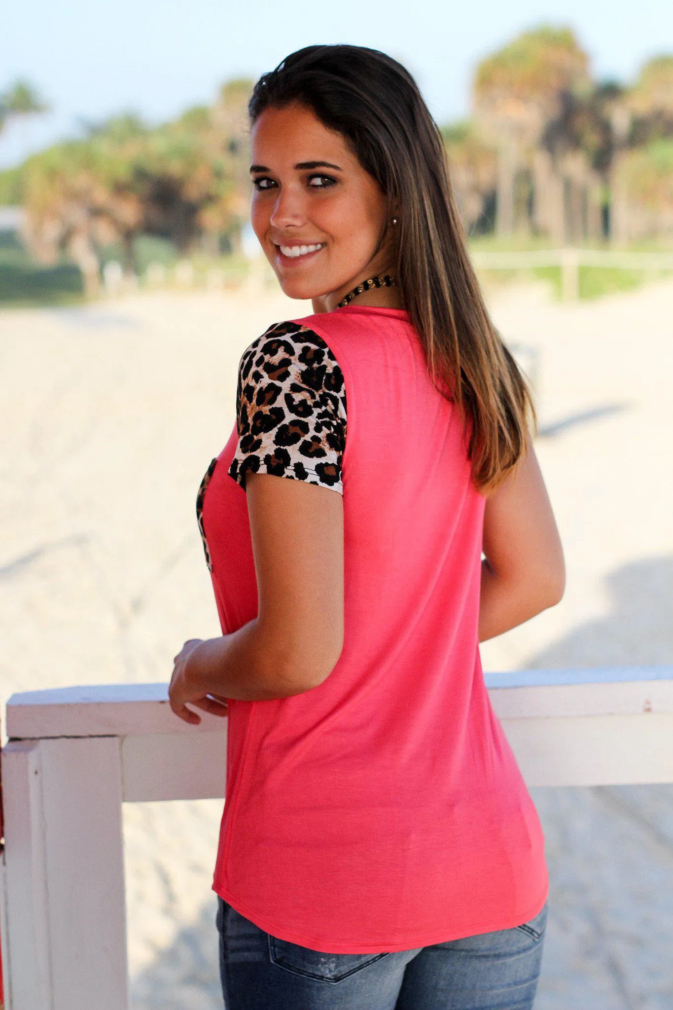 Coral Top with Leopard Sleeves and Pocket