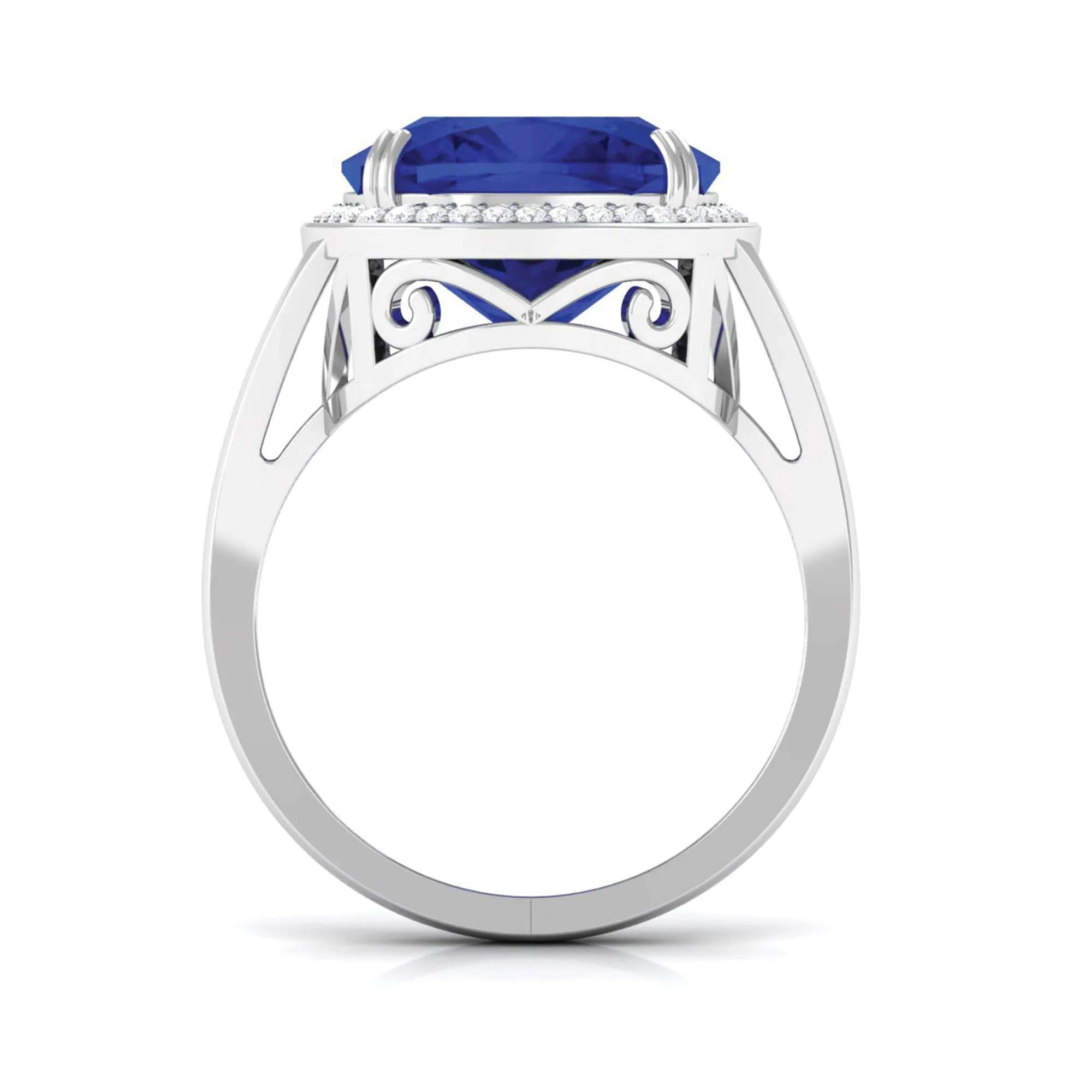 Cushion Cut Lab Grown Blue Sapphire Engagement Ring with Diamond