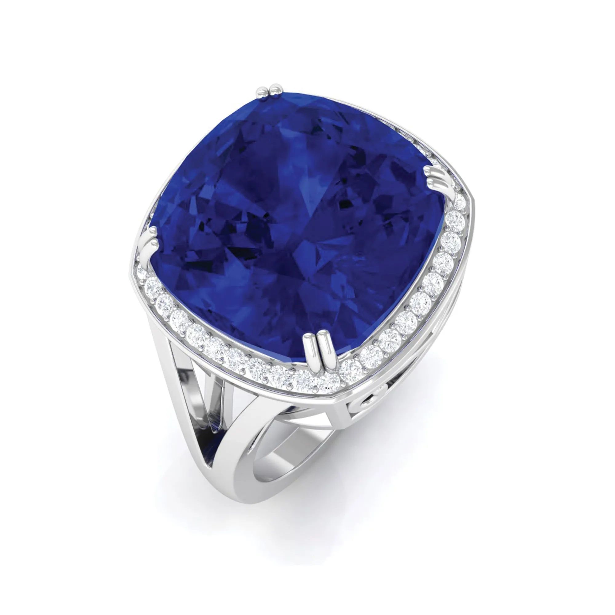 Cushion Cut Lab Grown Blue Sapphire Engagement Ring with Diamond