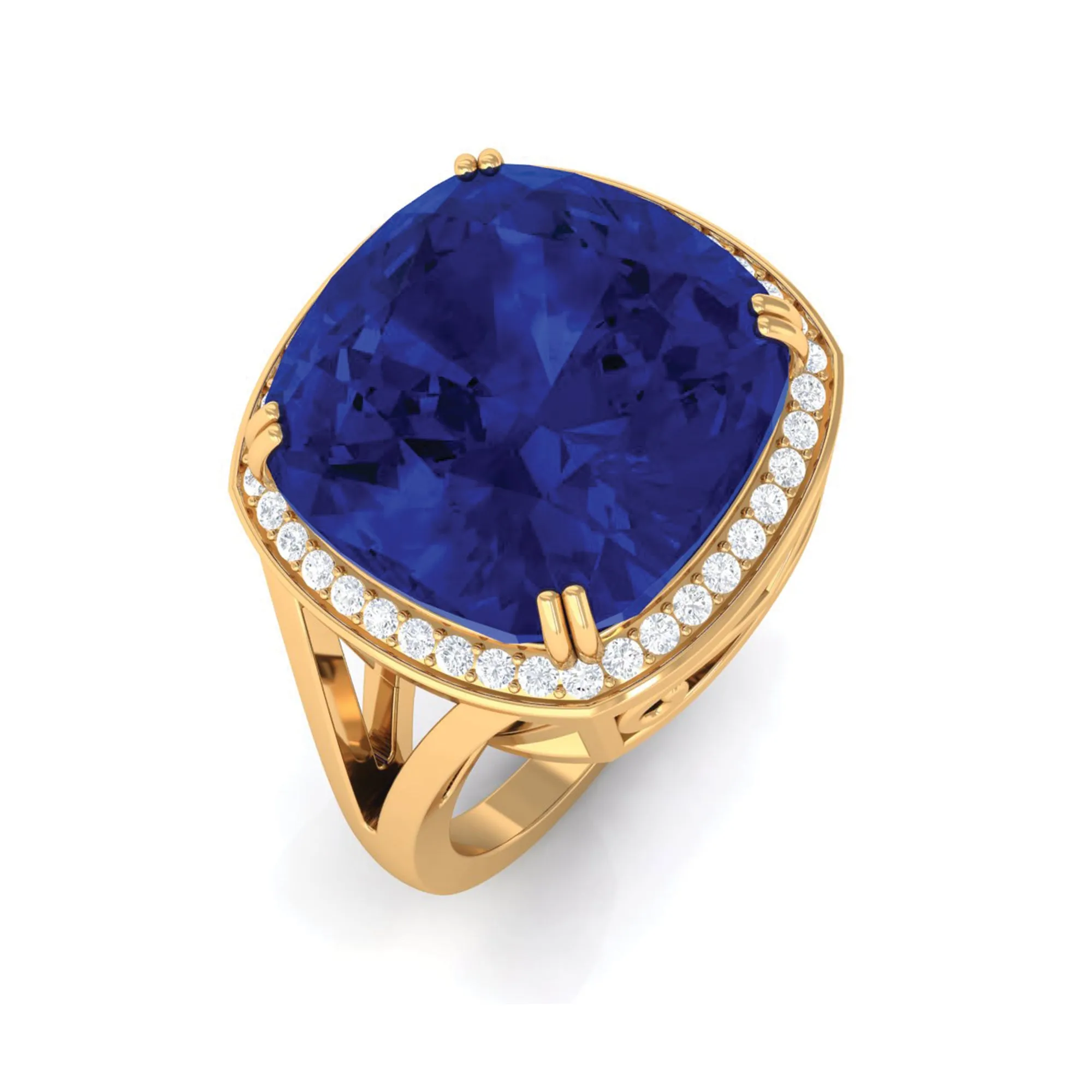 Cushion Cut Lab Grown Blue Sapphire Engagement Ring with Diamond