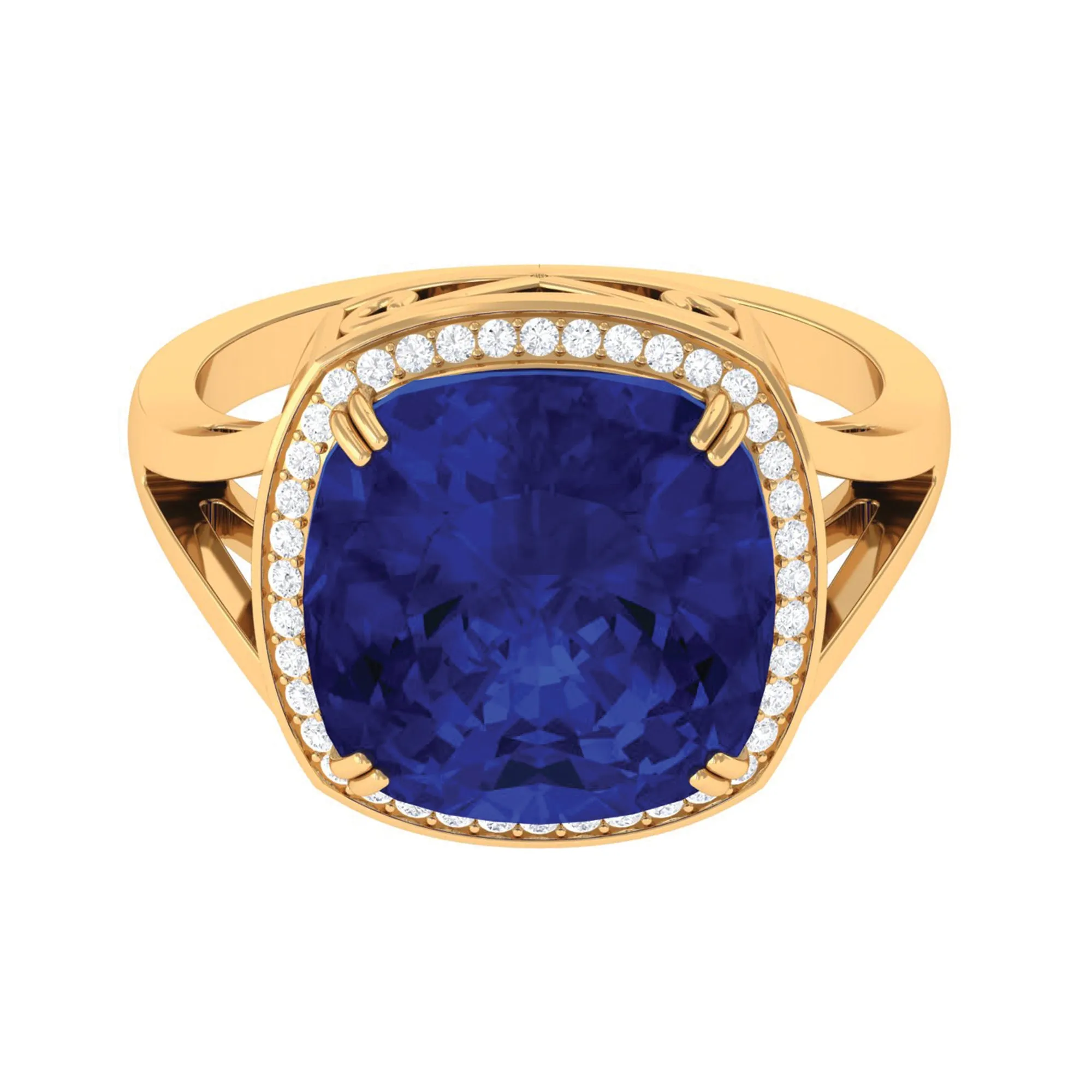 Cushion Cut Lab Grown Blue Sapphire Engagement Ring with Diamond