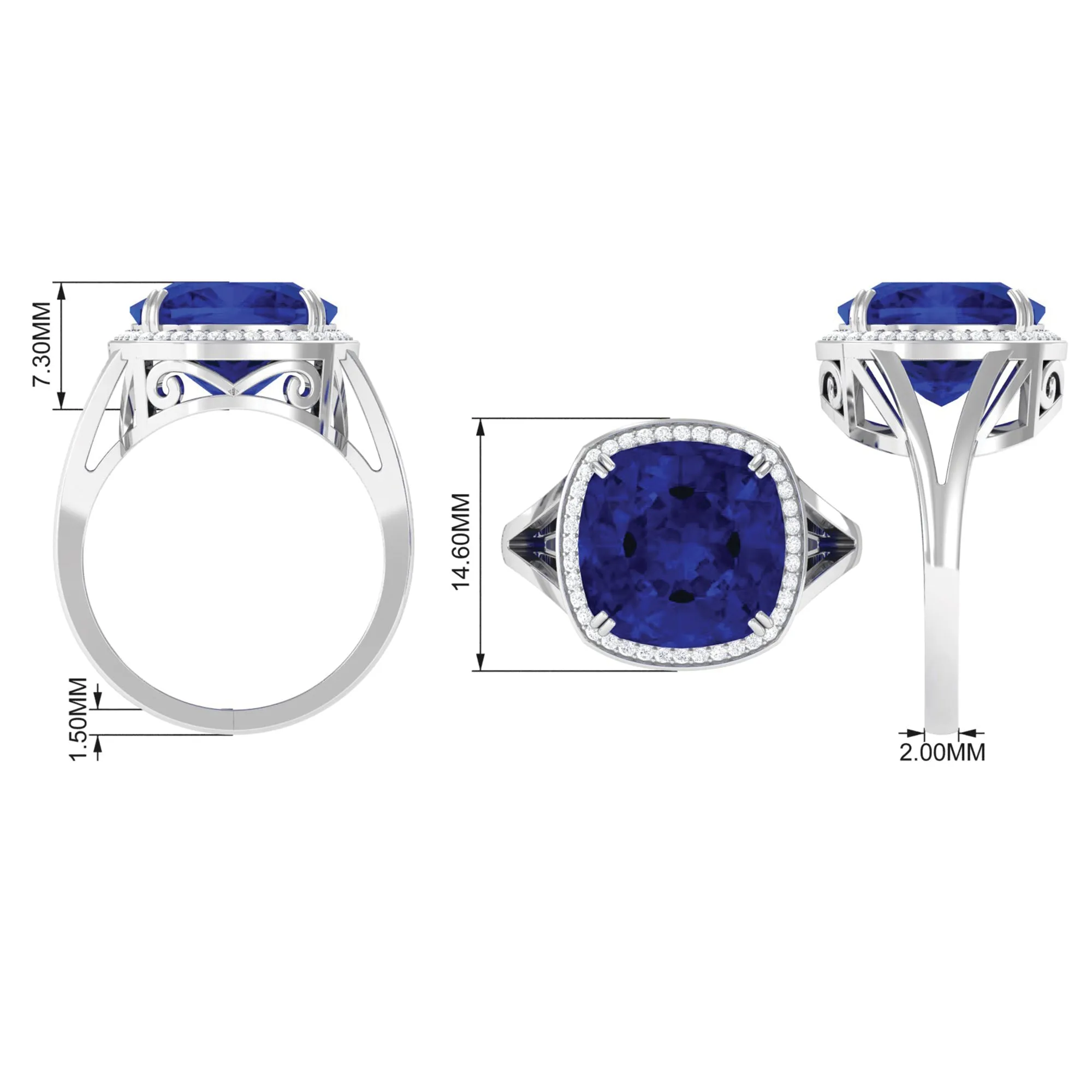 Cushion Cut Lab Grown Blue Sapphire Engagement Ring with Diamond